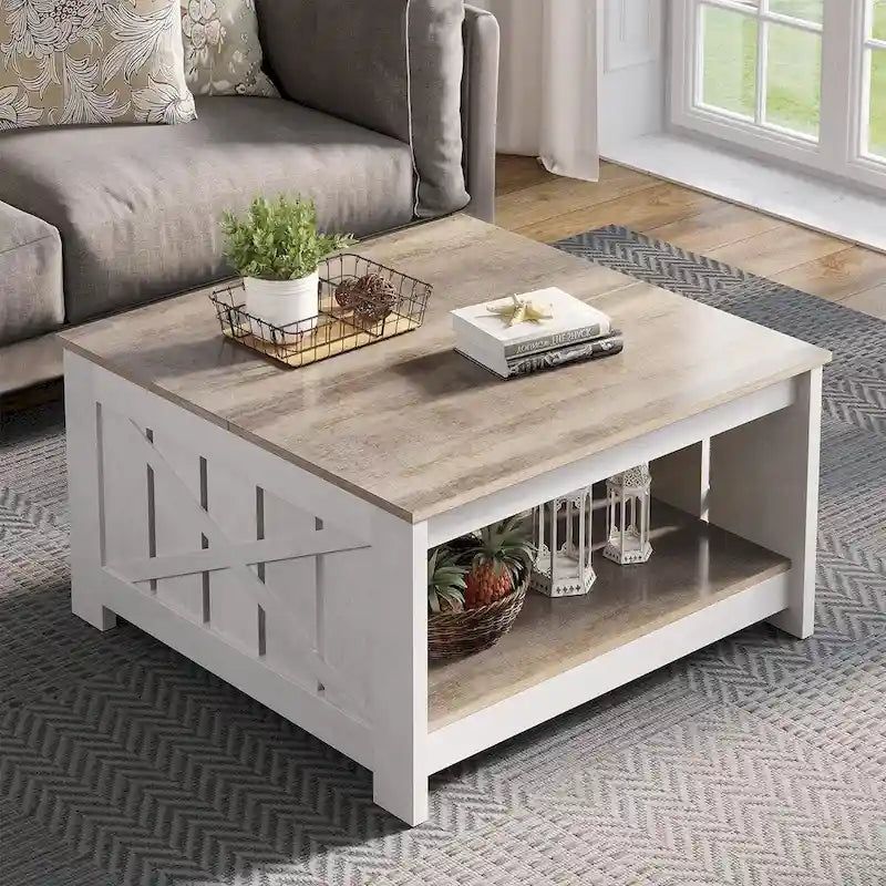 Farmhouse Coffee Table with Storage for Living Room Square Center Table