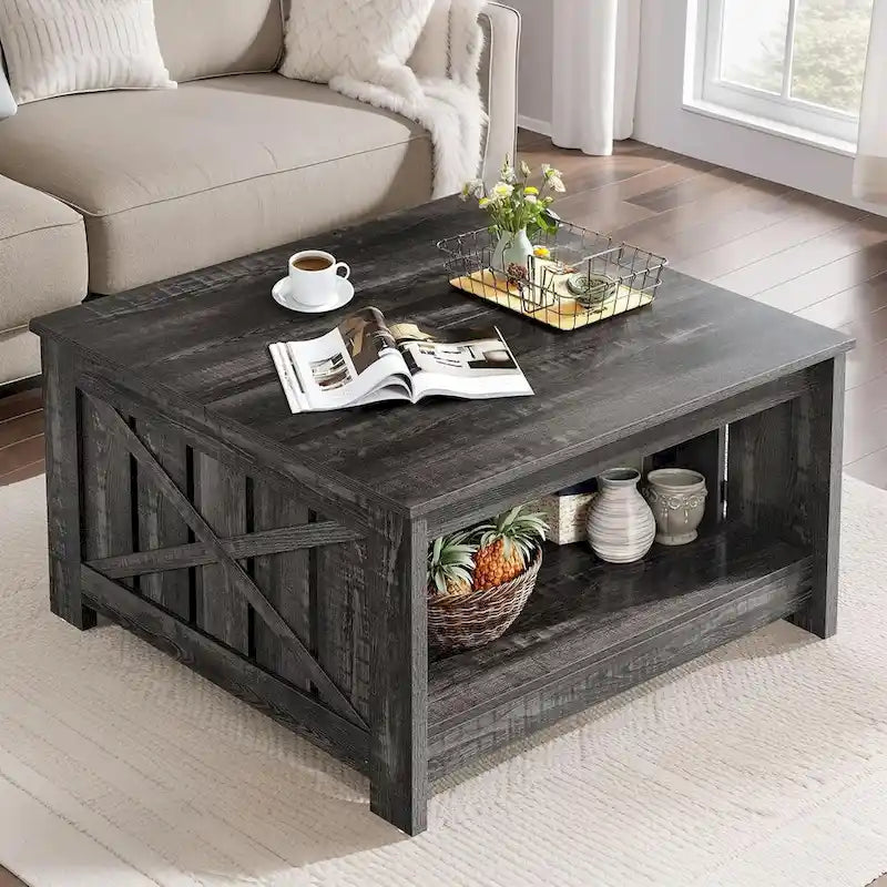 Farmhouse Coffee Table with Storage for Living Room Square Center Table