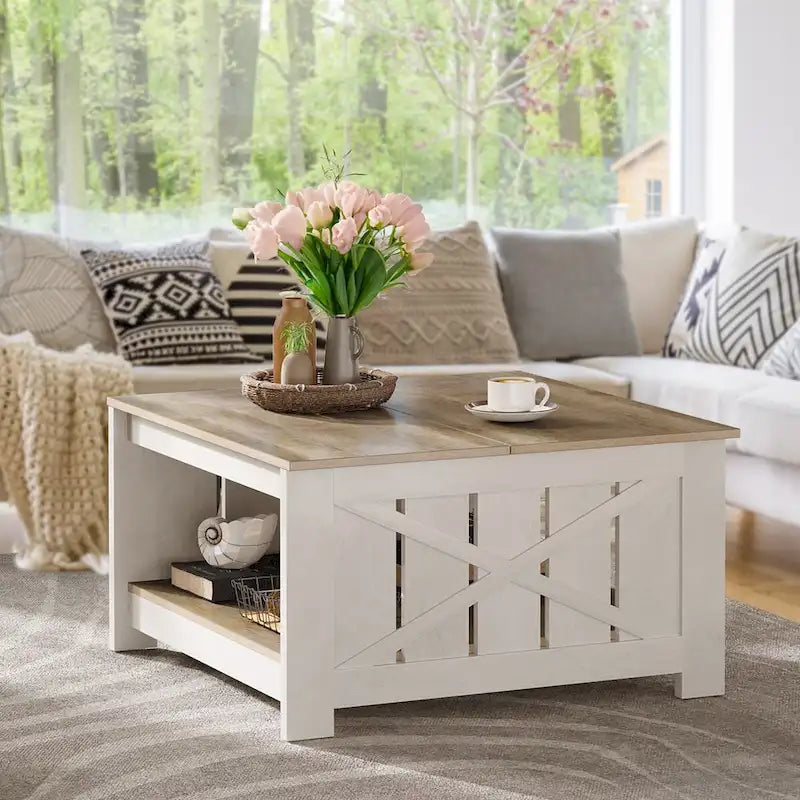 Farmhouse Coffee Table with Storage for Living Room Square Center Table