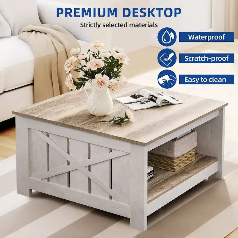 Farmhouse Coffee Table with Storage for Living Room Square Center Table