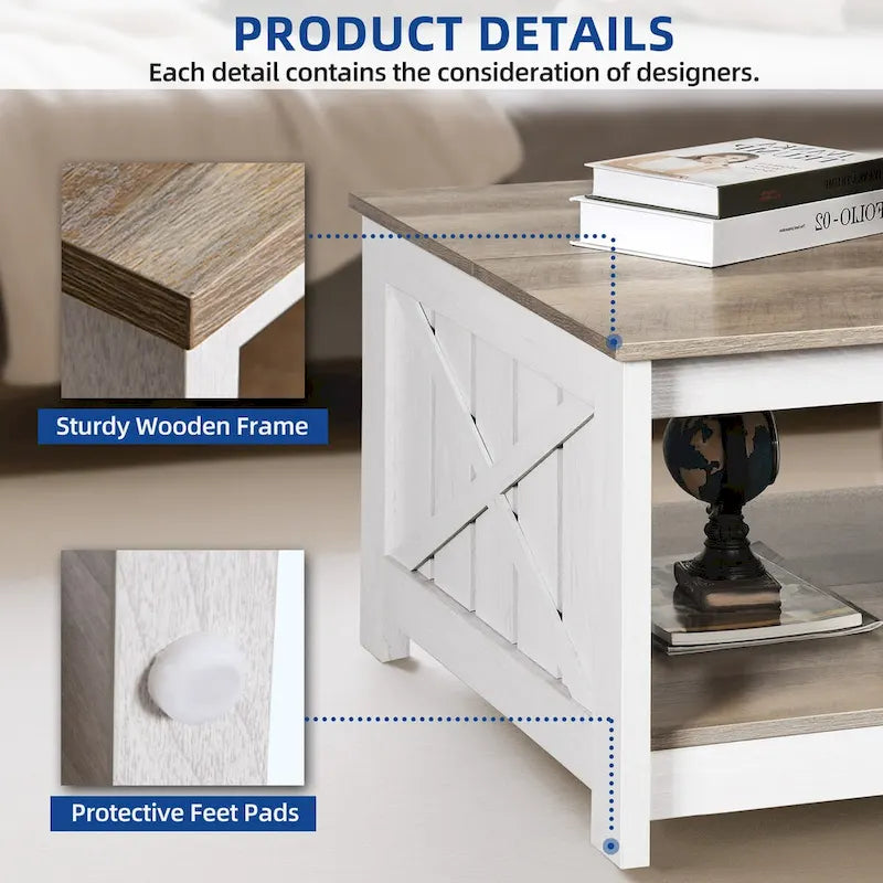 Farmhouse Coffee Table with Storage for Living Room Square Center Table