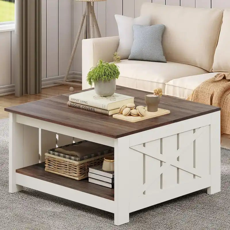Farmhouse Coffee Table with Storage for Living Room Square Center Table