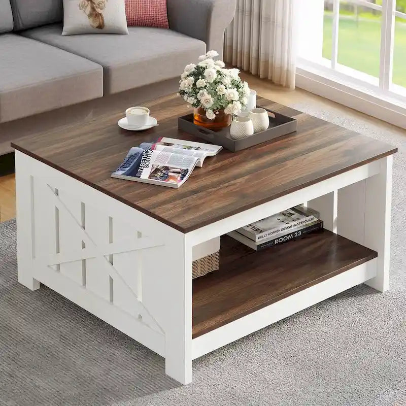 Farmhouse Coffee Table with Storage for Living Room Square Center Table