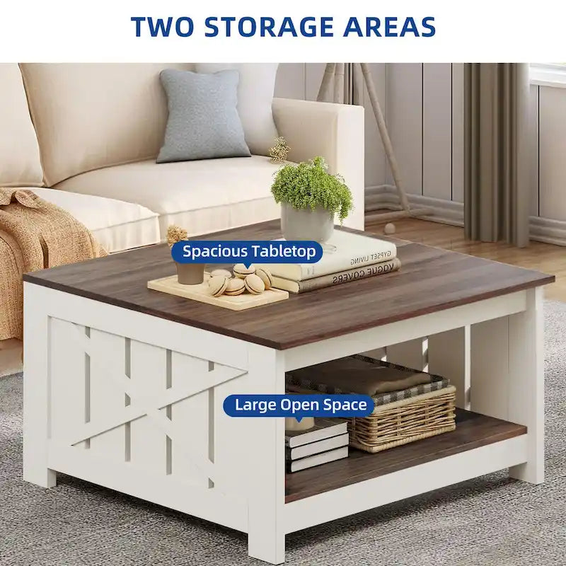 Farmhouse Coffee Table with Storage for Living Room Square Center Table