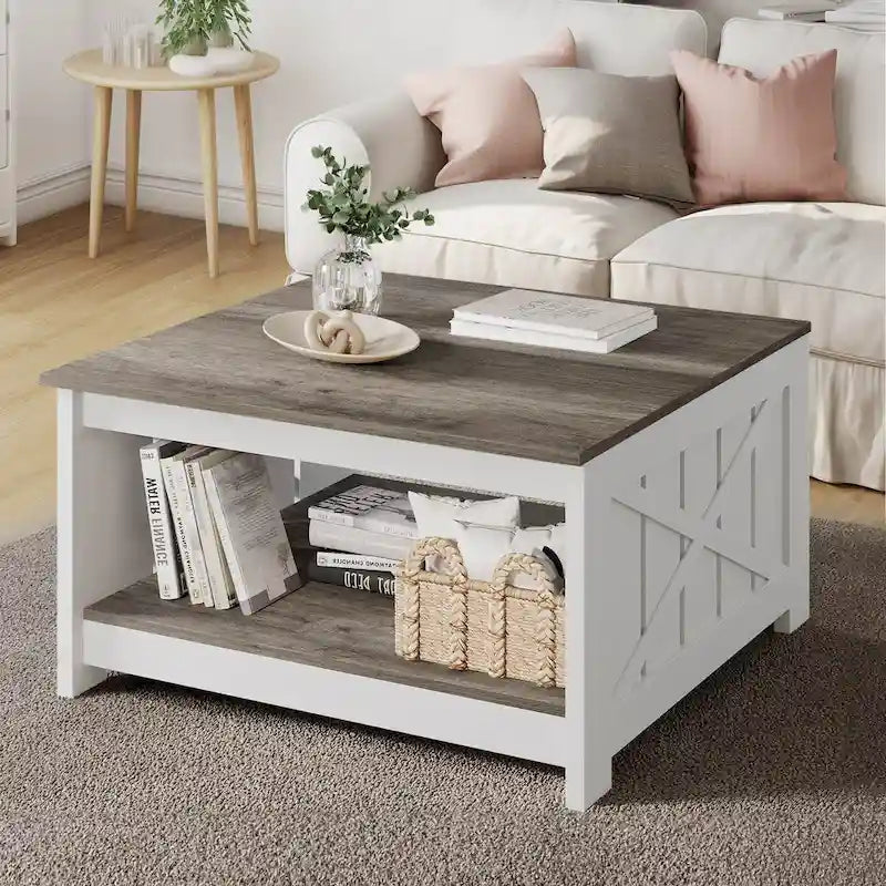 Farmhouse Coffee Table with Storage for Living Room Square Center Table
