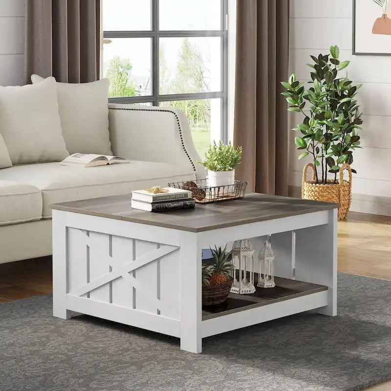Farmhouse Coffee Table with Storage for Living Room Square Center Table