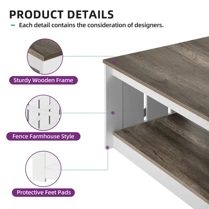 Farmhouse Coffee Table with Storage for Living Room Square Center Table
