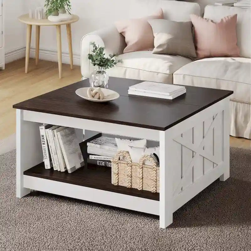 Farmhouse Coffee Table with Storage for Living Room Square Center Table