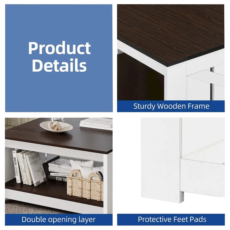 Farmhouse Coffee Table with Storage for Living Room Square Center Table