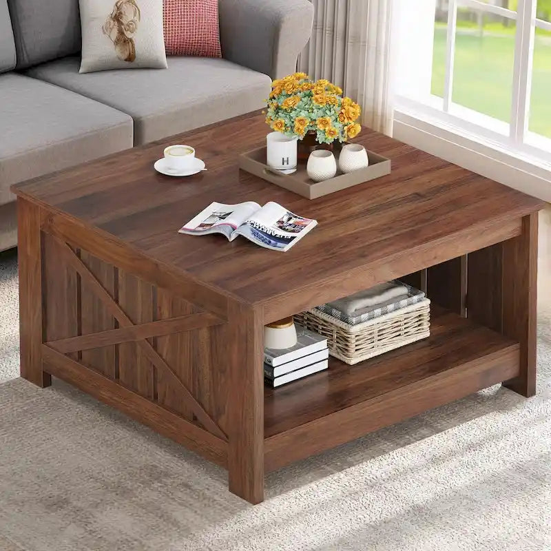 Farmhouse Coffee Table with Storage for Living Room Square Center Table