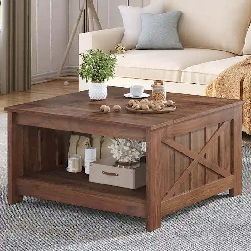 Farmhouse Coffee Table with Storage for Living Room Square Center Table