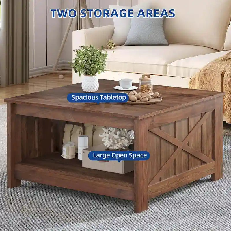 Farmhouse Coffee Table with Storage for Living Room Square Center Table