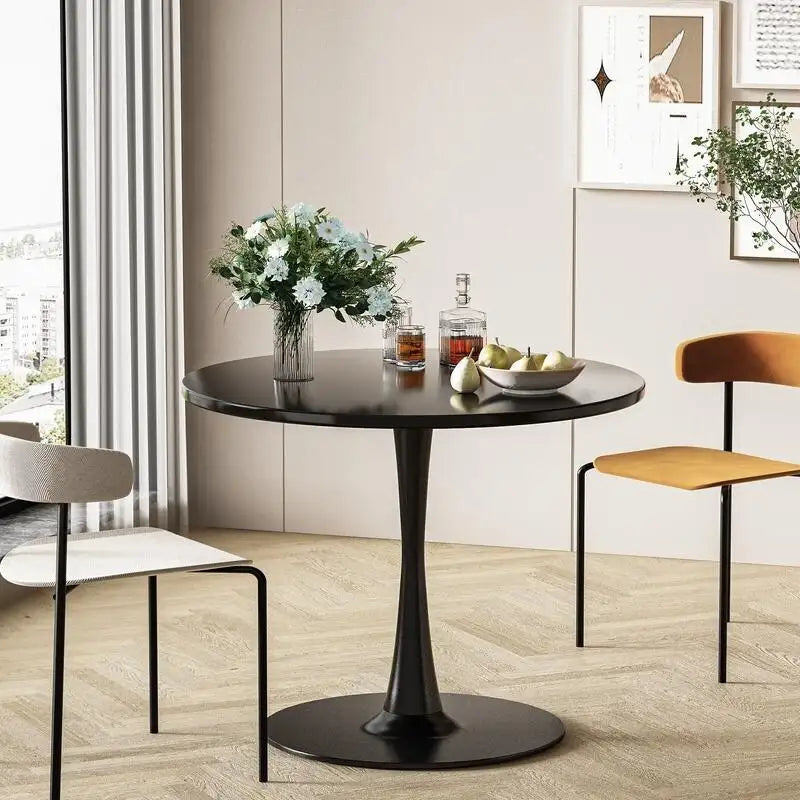 Mid-Century Modern Round Kitchen or Dining Table with Premium MDF Top and Steel Pedestal Base for Dining Room