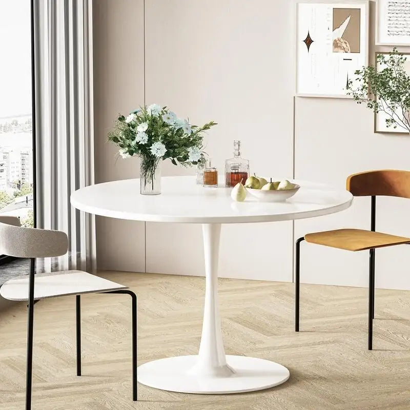Mid-Century Modern Round Kitchen or Dining Table with Premium MDF Top and Steel Pedestal Base for Dining Room