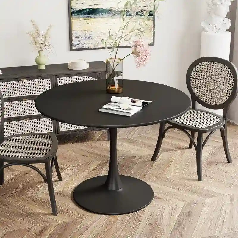 Mid-Century Modern Round Kitchen or Dining Table with Premium MDF Top and Steel Pedestal Base for Dining Room