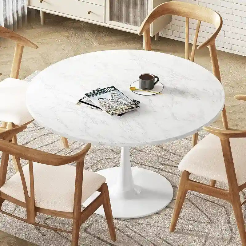 Mid-Century Modern Round Kitchen or Dining Table with Premium MDF Top and Steel Pedestal Base for Dining Room