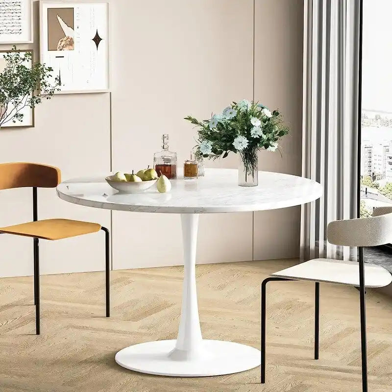 Mid-Century Modern Round Kitchen or Dining Table with Premium MDF Top and Steel Pedestal Base for Dining Room