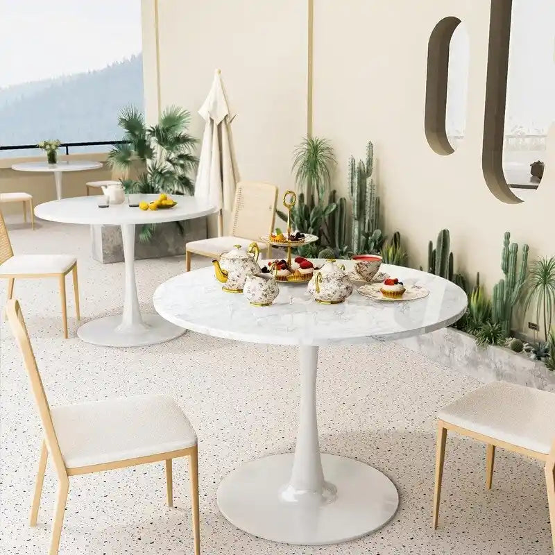 Mid-Century Modern Round Kitchen or Dining Table with Premium MDF Top and Steel Pedestal Base for Dining Room