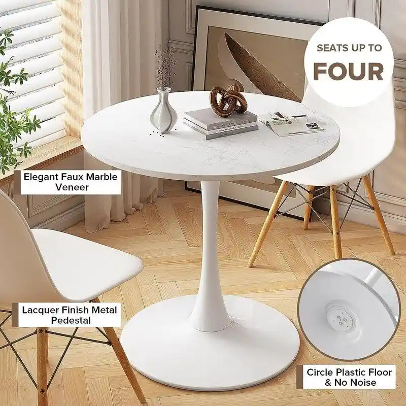 Mid-Century Modern Round Kitchen or Dining Table with Premium MDF Top and Steel Pedestal Base for Dining Room