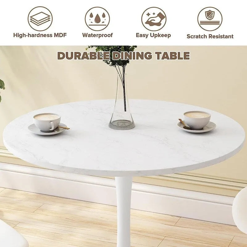 Mid-Century Modern Round Kitchen or Dining Table with Premium MDF Top and Steel Pedestal Base for Dining Room