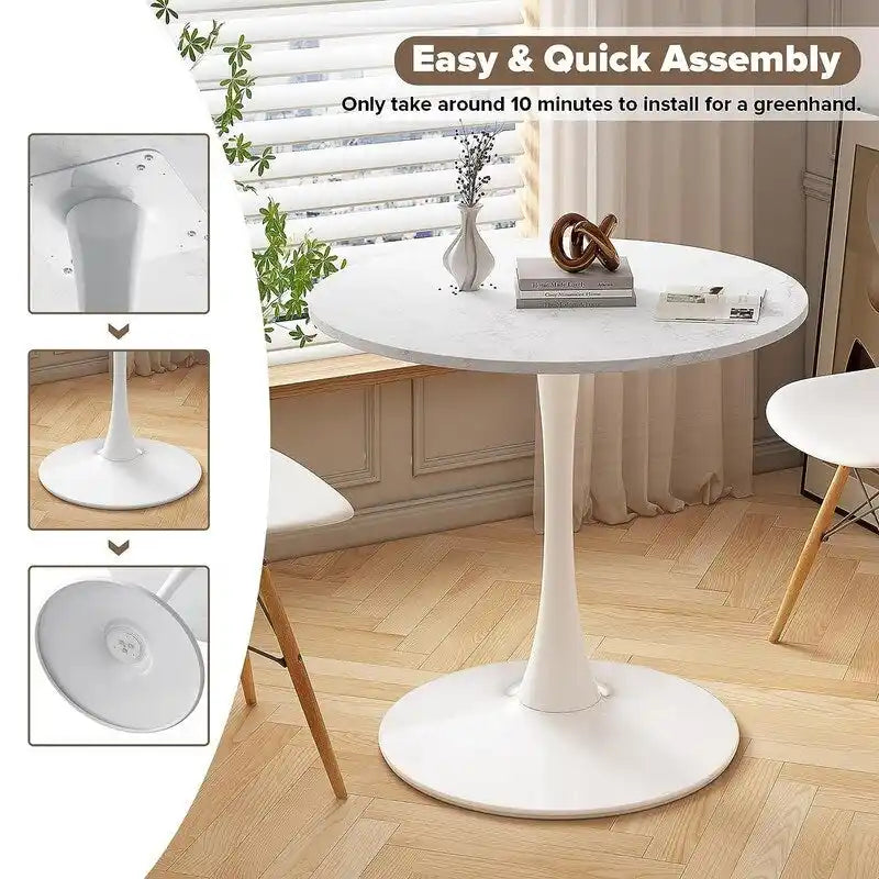 Mid-Century Modern Round Kitchen or Dining Table with Premium MDF Top and Steel Pedestal Base for Dining Room