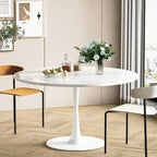 Mid-Century Modern Round Kitchen or Dining Table with Premium MDF Top and Steel Pedestal Base for Dining Room