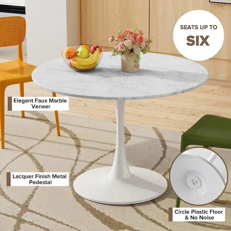 Mid-Century Modern Round Kitchen or Dining Table with Premium MDF Top and Steel Pedestal Base for Dining Room