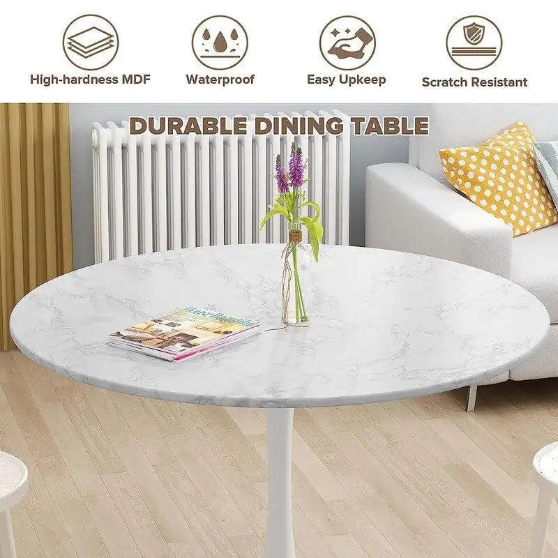 Mid-Century Modern Round Kitchen or Dining Table with Premium MDF Top and Steel Pedestal Base for Dining Room