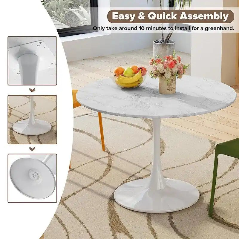 Mid-Century Modern Round Kitchen or Dining Table with Premium MDF Top and Steel Pedestal Base for Dining Room
