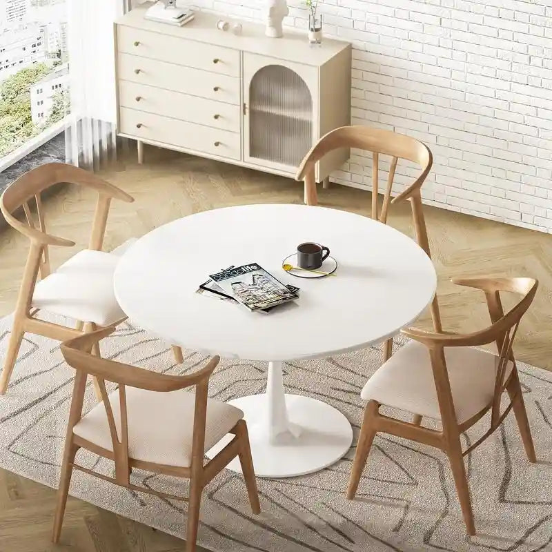 Mid-Century Modern Round Kitchen or Dining Table with Premium MDF Top and Steel Pedestal Base for Dining Room