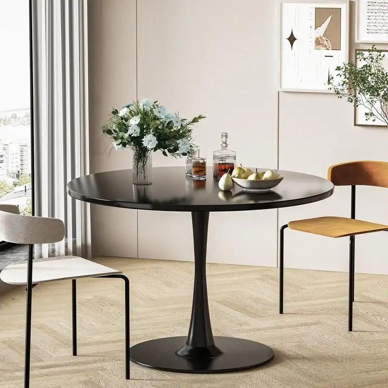 Mid-Century Modern Round Kitchen or Dining Table with Premium MDF Top and Steel Pedestal Base for Dining Room