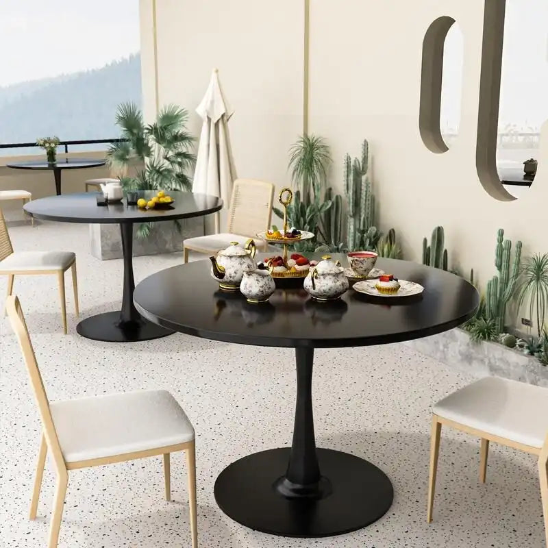 Mid-Century Modern Round Kitchen or Dining Table with Premium MDF Top and Steel Pedestal Base for Dining Room
