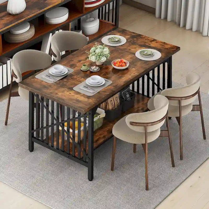 70-Inch Large Kitchen Dining Table for 6-8 People, Farmhouse Industrial Kitchen Table with Storage Shelf