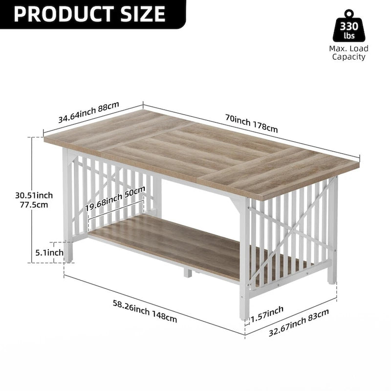 70-Inch Large Kitchen Dining Table for 6-8 People, Farmhouse Industrial Kitchen Table with Storage Shelf