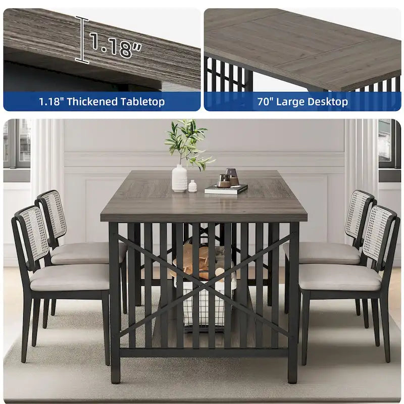 70-Inch Large Kitchen Dining Table for 6-8 People, Farmhouse Industrial Kitchen Table with Storage Shelf