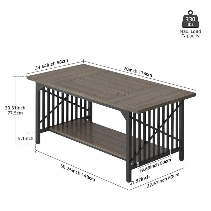 70-Inch Large Kitchen Dining Table for 6-8 People, Farmhouse Industrial Kitchen Table with Storage Shelf